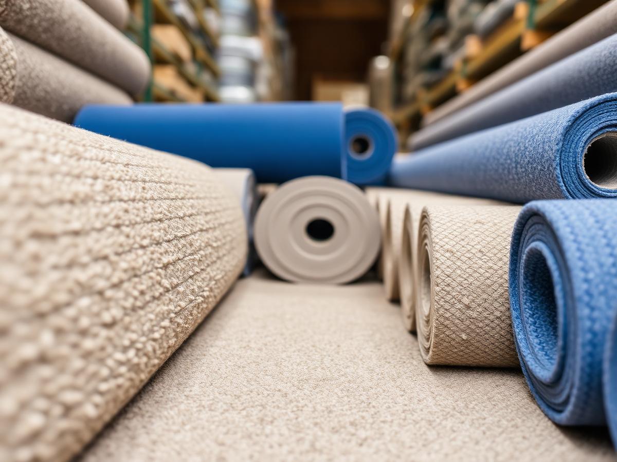 Carpet and vinyl roll ends stacked in the warehouse